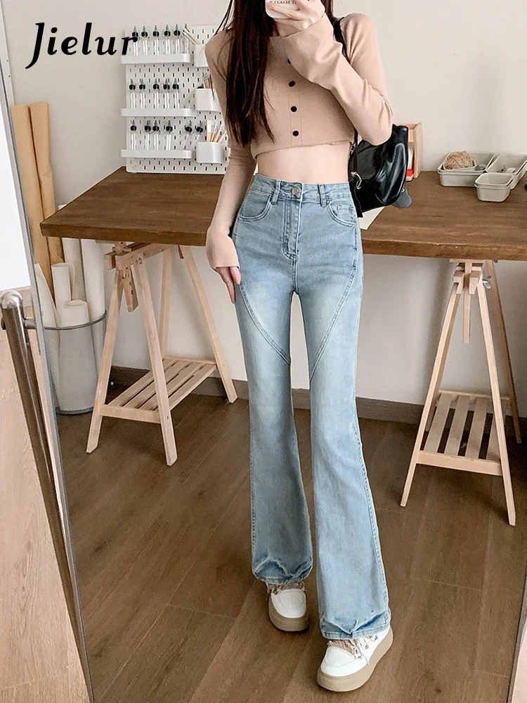 Top Trends: Jielur Autumn New Vintage Slim Women Jeans Fashion Simple Basic Chicly Flare Jeans Woman Blue High Waist Street Pants Female Shoppable Styles