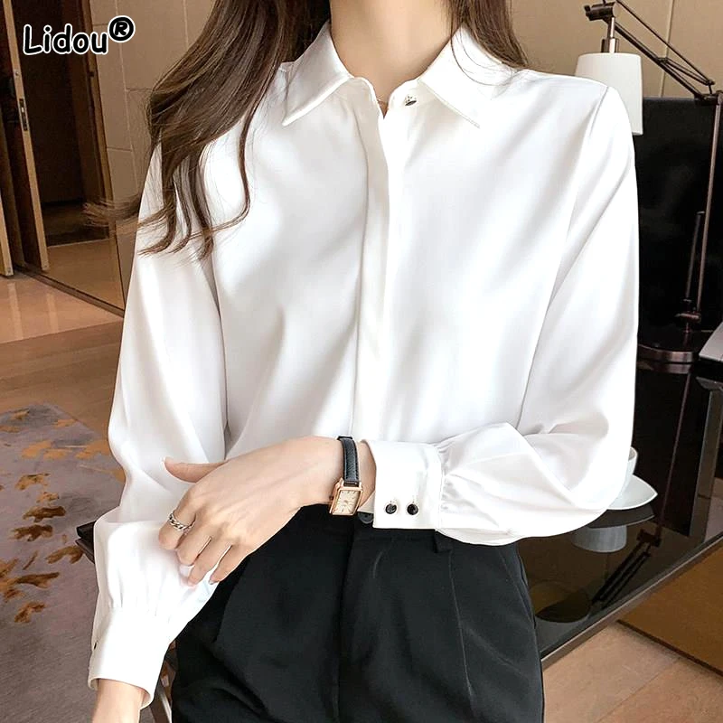 Top Trends: Elegant Fashion Korean White Long Sleeve Covered Button Comfortable Blouses Straight Loose Wild Solid Color Shirt Women Clothing Shoppable Styles