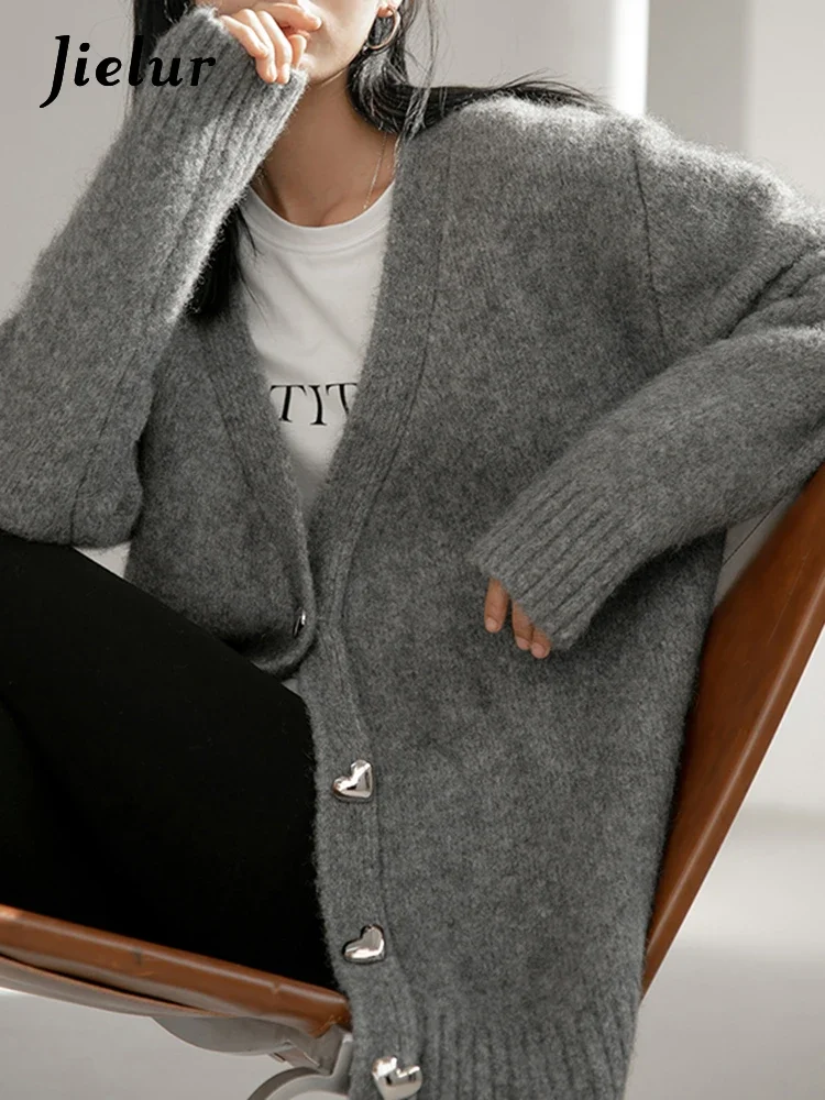 Top Trends: Jielur Autumn Korean Loose Solid Color Cardigan Woman Sweet Ladies Elegant Knitted Women Cardigan Grey Fashion Simple Cardigan Shoppable Styles