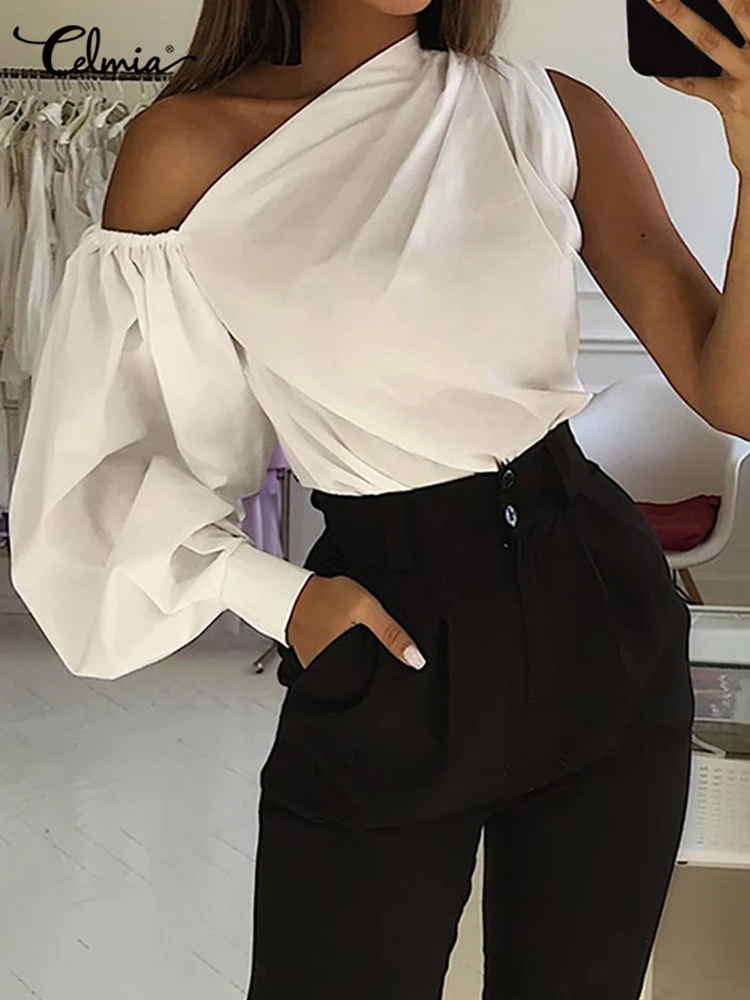 Top Trends: Celmia Asymmetrical Blouses Women 2023 Summer Off Shoulder Blusas Female Fashion Lantern Long Sleeve Shirts One Shoulder Tops Shoppable Styles