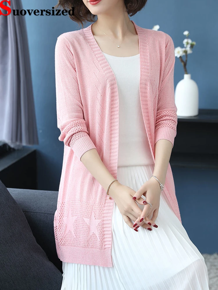 Top Trends: Ice Silk Loose Casual Hollow Out Knitted Mid-length Cardigan Summer Women Korean Coat Sunscreen Elegant Knitewear Tops Outwear Shoppable Styles