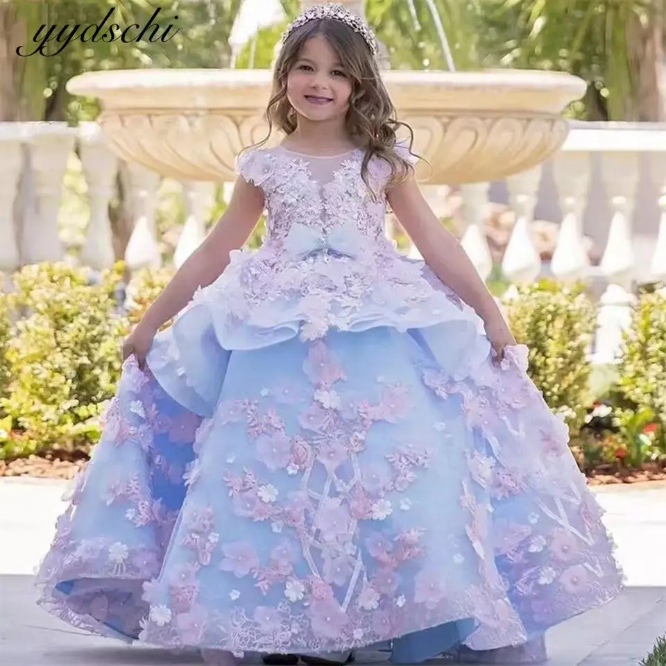 Top Trends: 2023 Blue Flower Girl Dresses Short Sleeves Party Dress Tulle Appliques Beading Kids Birthday Princess Dresses Vestidos De Novia Shoppable Styles