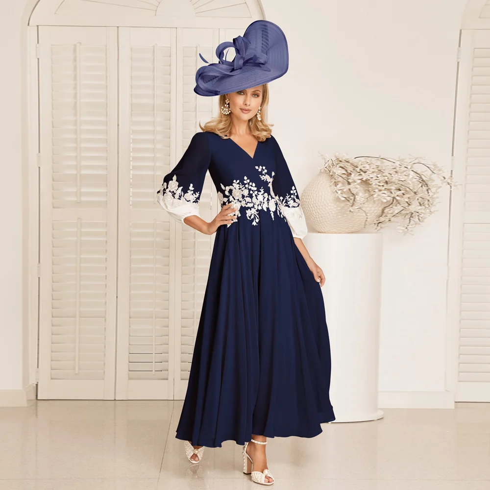 Top Trends: Navy Blue Mother Of The Bride Dresses V Neck 3 / 4 Sleeves Wedding Party Gowns Pleat Appliques Ankle-Length A-Line فساتين السهرة Shoppable Styles