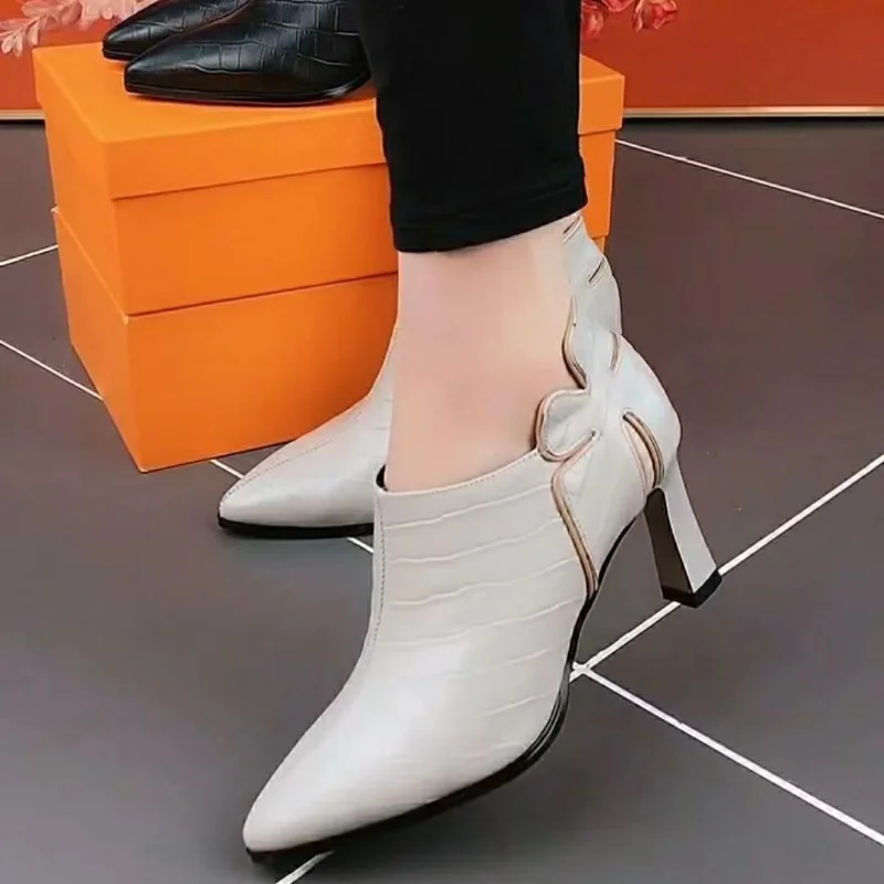 Top Trends: Deep Mouth Solid Color Single Shoes 2022 Spring And Autumn New Thick Heel Fashion All-match Pointed Side Zipper Leather Shoes Shoppable Styles