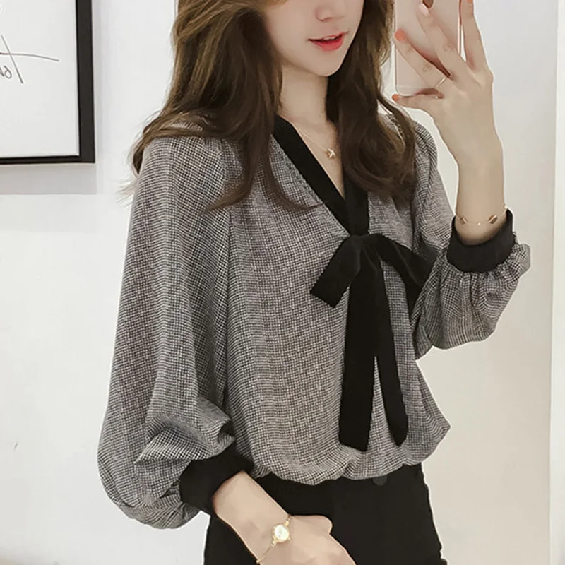 Top Trends: Fashion Puff Sleeve V-Neck Bow Plaid Long Sleeve Chiffon Shirt 2022 Spring New Loose Commute Blouse Casual Women Clothing Tops Shoppable Styles