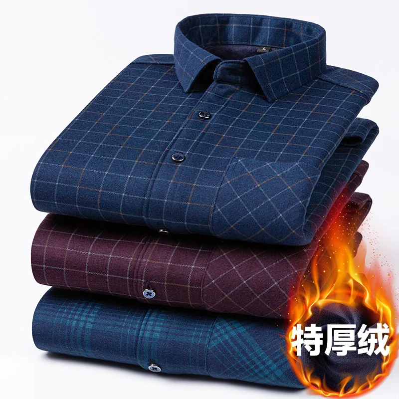 Top Trends: 2023 New Autumn And Winter Men's Velvet Thickened Long-sleeved Warm Shirt Oversized Stretch Plaid Business Casual No-iron Shirt Shoppable Styles