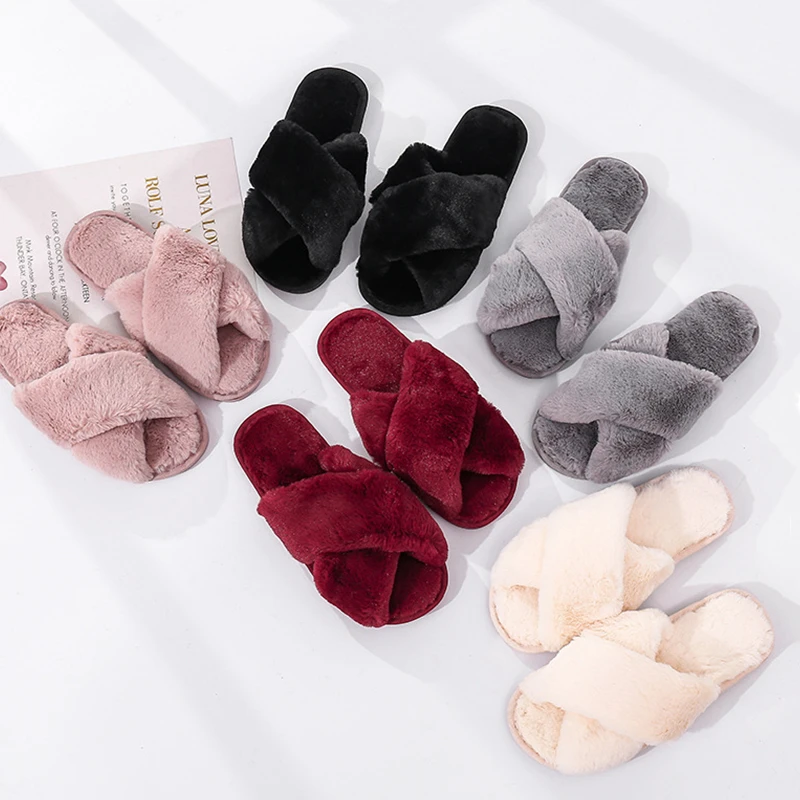 Top Trends: Winter Women House Slippers Faux Fur Fashion Warm Shoes Woman Slip On Flats Female Slides Black Pink Cozy Home Furry Slippers Shoppable Styles