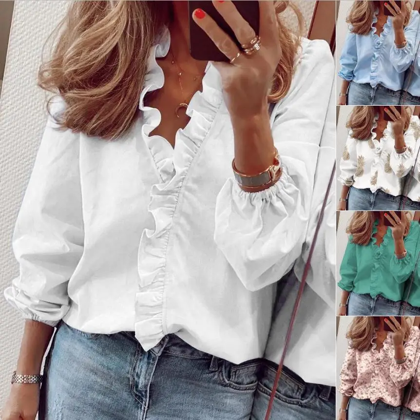 Top Trends: Jocoo Jolee 2023 Summer Floral Print Ruffles Women Blouse Office Lady Short Sleeve V Neck Shirts Casual Loose Elegant Basic Tops Shoppable Styles