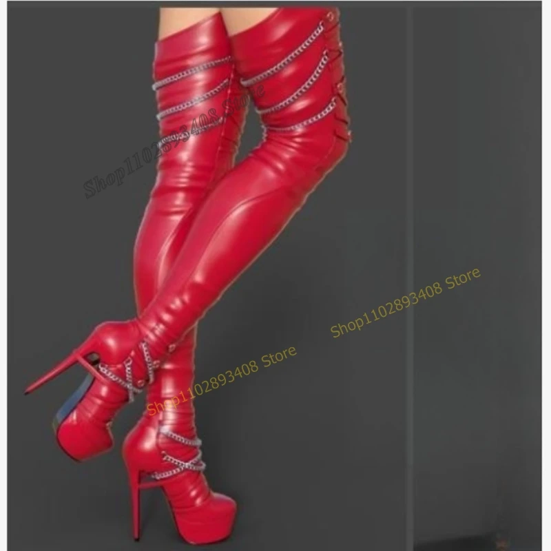 Top Trends: Red Metal Chain Platform Over The Knee Boots Side Zipper Stilettos High Heel Women Shoes 2023 Fashion Sexy Zapatos Para Mujer Shoppable Styles