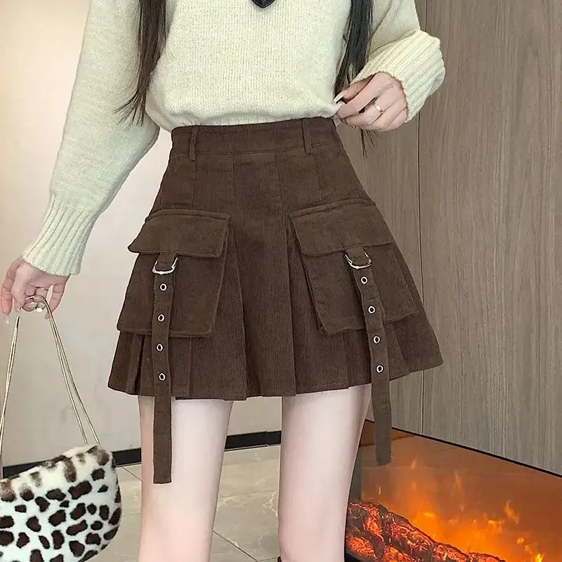 Top Trends: Vintage Corduroy Pleated Skirt Spring Autumn New High Waist Pockets Patchwork A-line Short Skirt Sweet Fashion Women Clothing Shoppable Styles