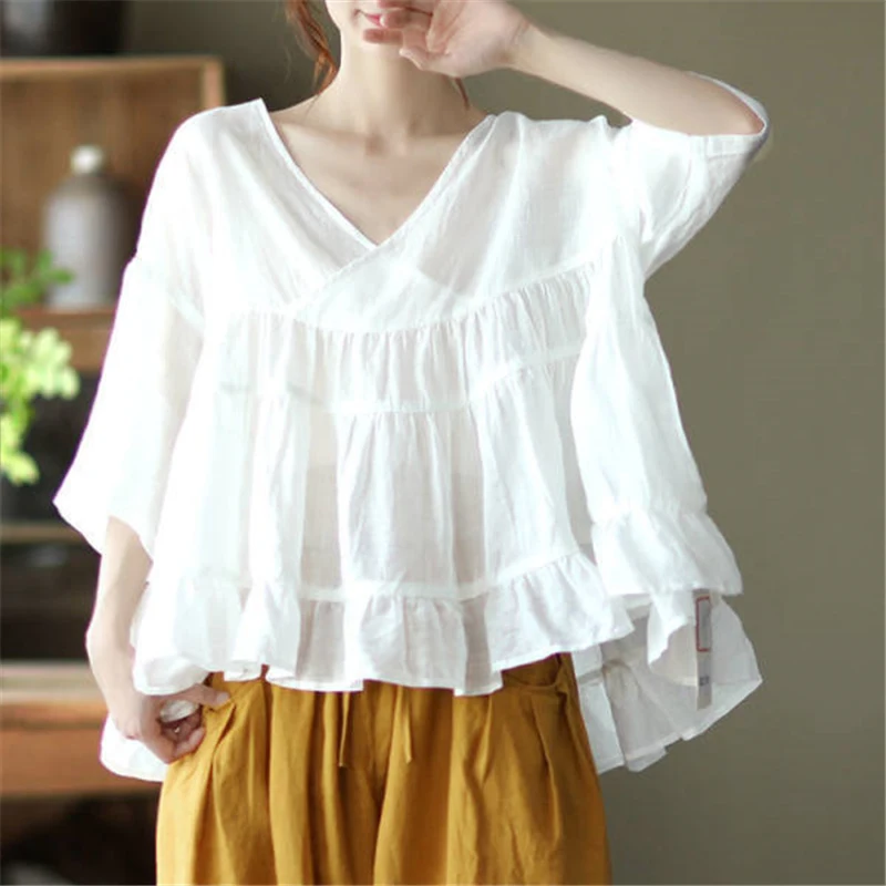 Top Trends: Cotton Linen Solid Color Retro Simple Blouse Shirts Women Summer Casual Ruffle V-neck Half Sleeve Loose Top Female Clothing 2022 Shoppable Styles