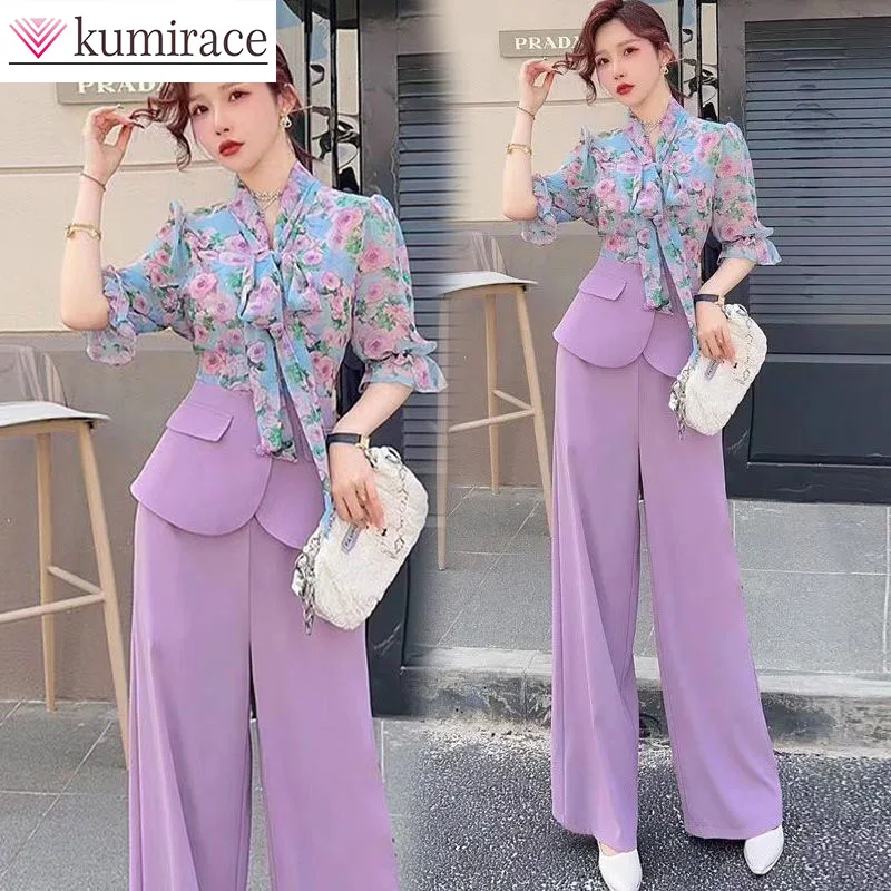 Top Trends: 2023 Summer New Women&#039;s Set Korean Fashion Slim Fit Printed Short Sleeve Top High Waist Wide Leg Pants Two Piece Set Pants Shoppable Styles