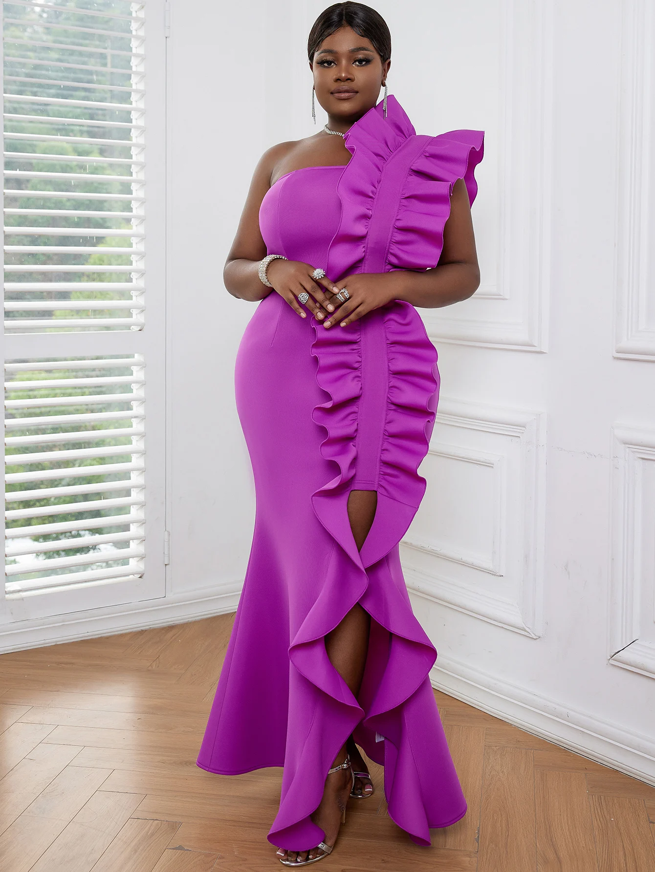 Top Trends: Women Maxi Party Dress One Shoulder Backless Purple Long Ruffles Bodycon Fishtail Evening Event Birthday Gowns African Clubwear Shoppable Styles