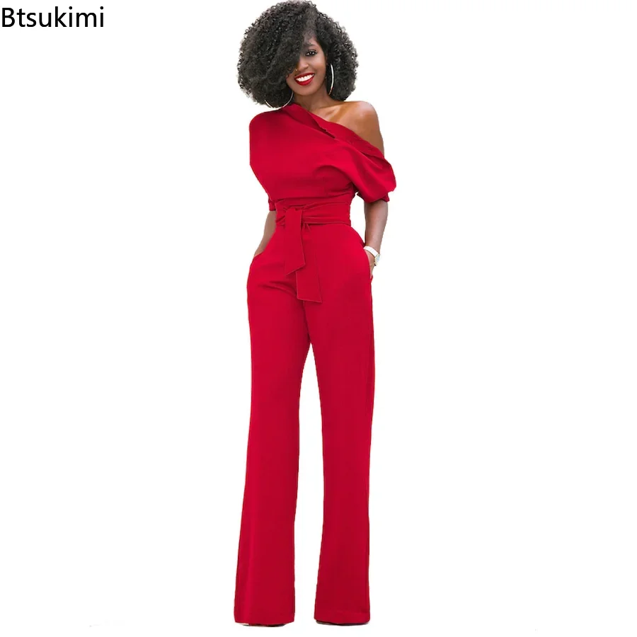 Top Trends: 2024 Spring Autumn Casual Jumpsuit Women Elegant One Shoulder Slash Neck Romper Overalls Full Length Jumpsuit Wide Legs Jumpsuit Shoppable Styles - Image 3