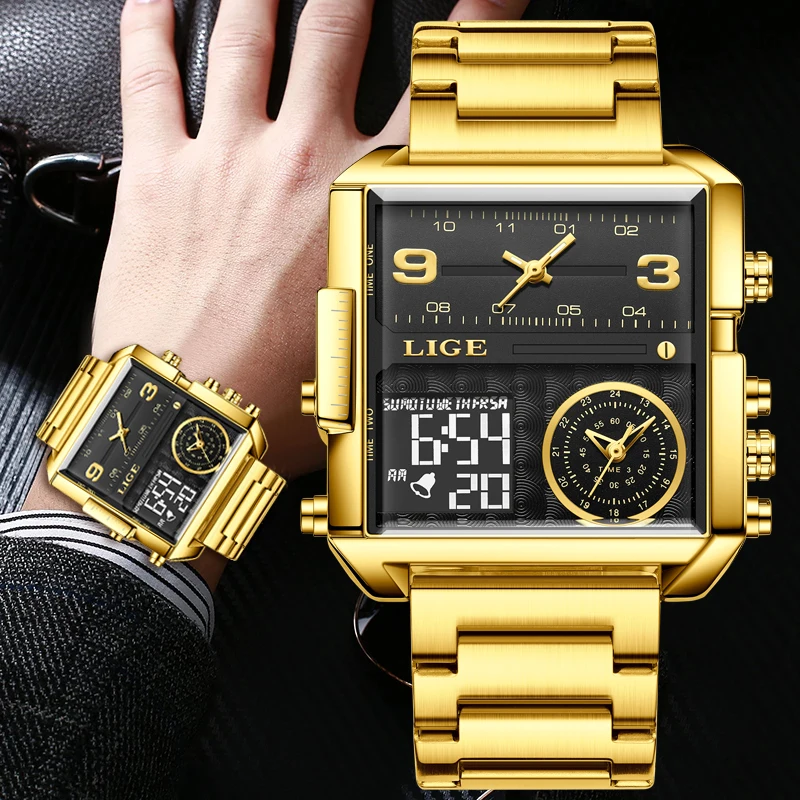 Top Trends: LIGE Top Brand Luxury Fashion Men Watches Gold Steel Sport Square Digital Analog Big Quartz Watch For Man Relogio Masculino+ BOX Shoppable Styles