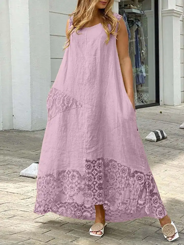 Top Trends: Summer VONDA 2023 Bohemian Women Maxi Dress Asymmetrical Lace Long Sundress Casual Solid Lady Pleated Robe Party Vestidos Robe Shoppable Styles