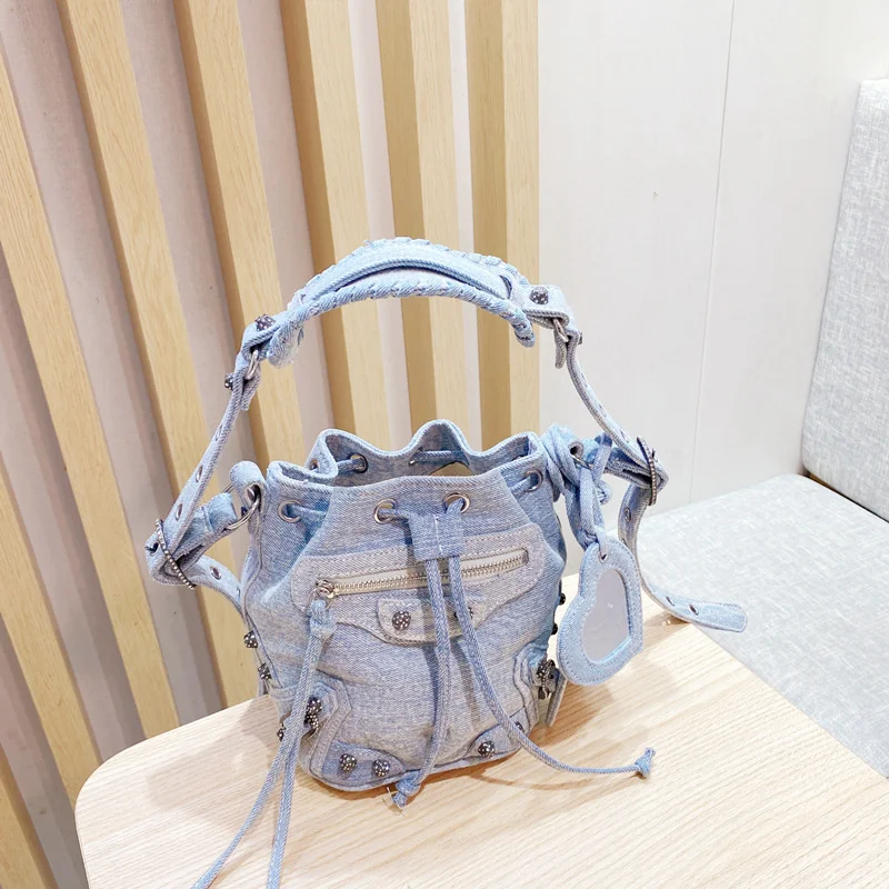 Top Trends: Luxury Brand Bucket Designer Denim Rivet Crossbody Bags For Women Handbags Fashion Shoulder Messenger Bags Ladies Small Totes Shoppable Styles