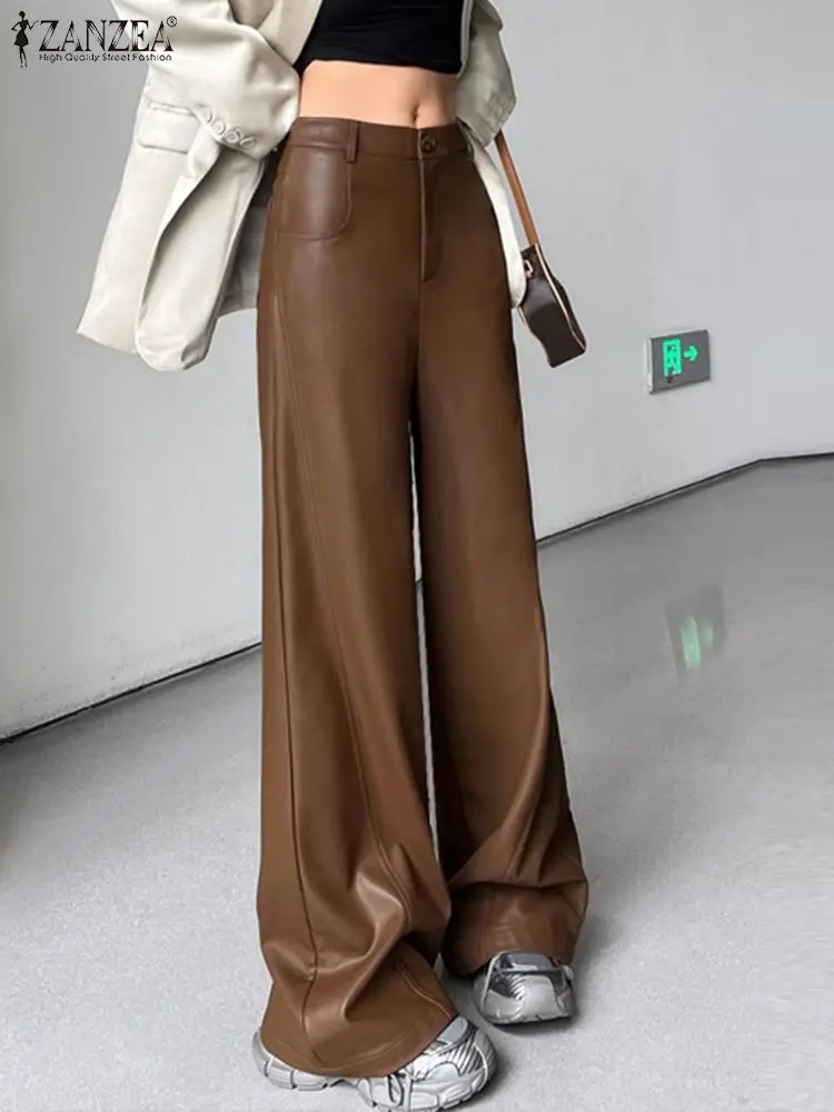 Top Trends: ZANZEA 2023 Women Elegant PU Wide Leg Trousers Stretchy Faux Leather Pants Sexy Mid Waist Pantalons Bell Bottom Flared Long Pant Shoppable Styles