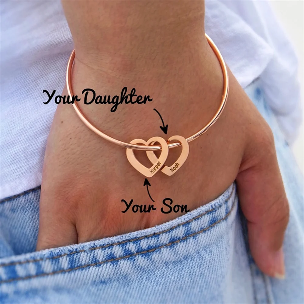 Top Trends: Personalized Bangle Bracelet With Heart Shape Pendants • Engraved Any Names Text • Custom Made Jewelry Gift • Mother's Day Gift Shoppable Styles