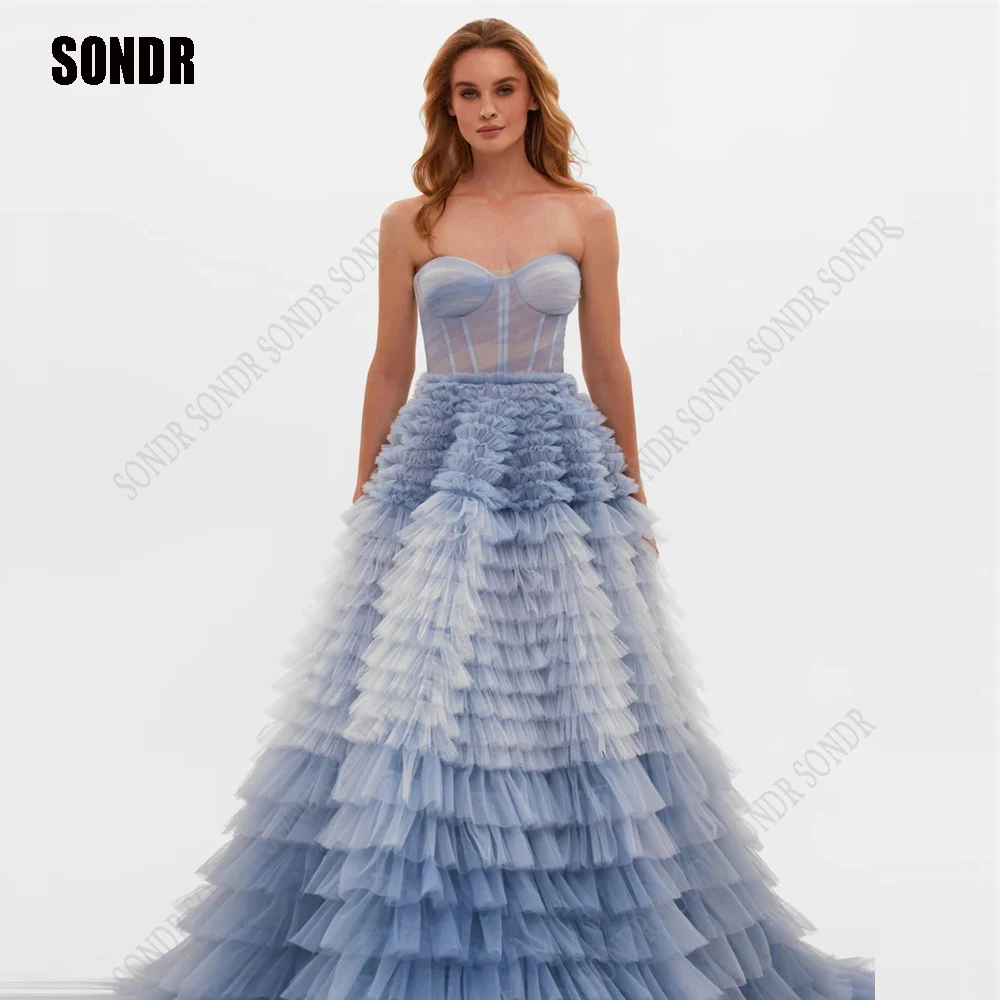 Top Trends: SONDR Dusty Blue Long Tiered Tulle Evening Dresses Formal Prom Party Ball Gowns Sleeveless Special Occasion Wedding Wear Dress Shoppable Styles