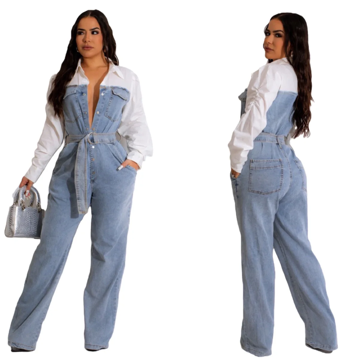 Top Trends: European And American Fashion Casual Denim Patchwork Loose Women's Jumpsuit With Belt Shoppable Styles