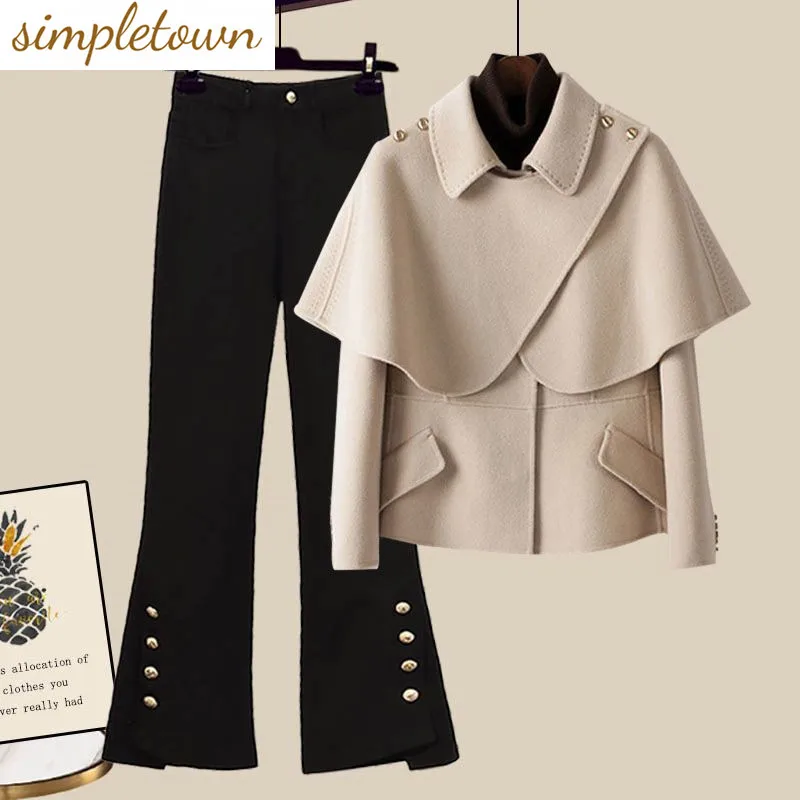 Top Trends: Korean Retro Personality Cape Jacket Blazer Bell-bottoms Two-piece Elegant Women's Trousers Suit Office Business Outlets Shoppable Styles