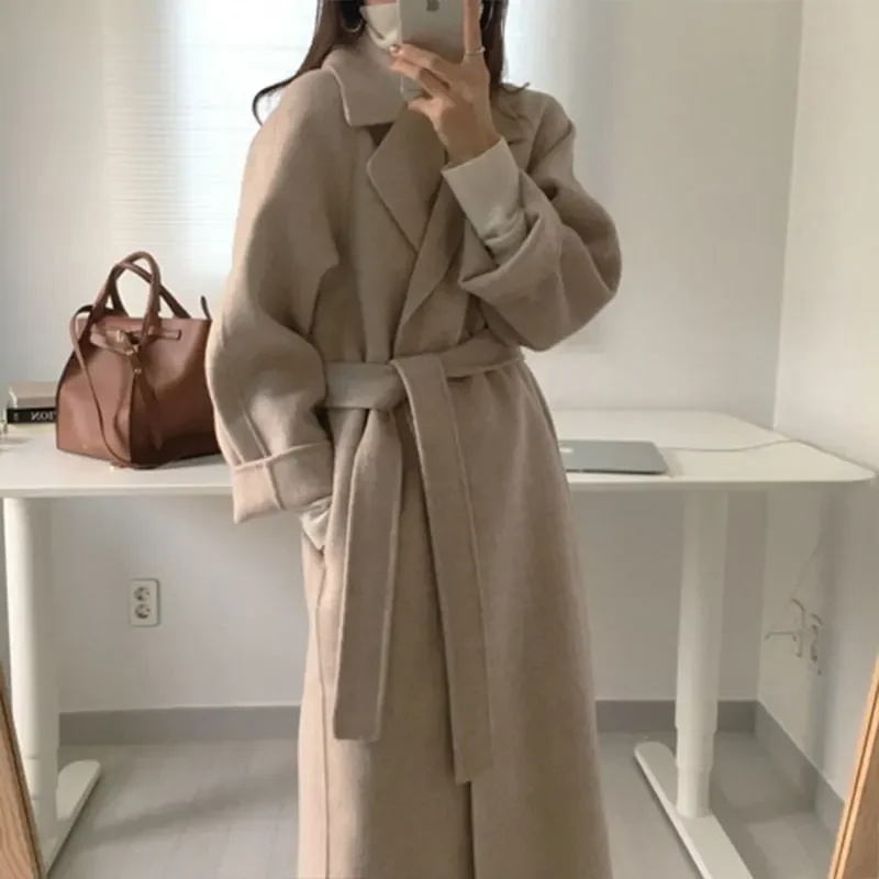 Top Trends: New Temperament Ladies Tweed Coat Korean Version Of The Tie Long Jacket Women Cape Suit Collar Winter Solid Color Coat Female Shoppable Styles