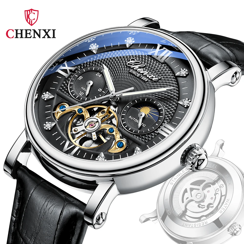 Top Trends: CHENXI Automatic Watch Men Mechanical Watches Leather Strap Tourbillon Moon Phase Waterproof Watches For Men Luxury Fashion Shoppable Styles