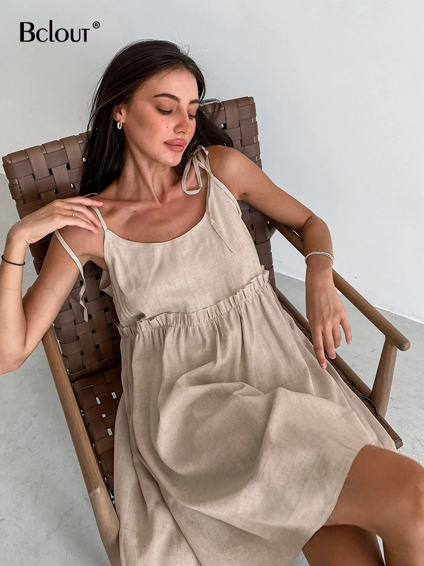 Top Trends: Bclout Summer Khaki Linen Dress Women Elegant Spaghetti Strap A-Line Loose Dresses Fashion Ruched Lace-Up Sexy Mini Dresses 2024 Shoppable Styles