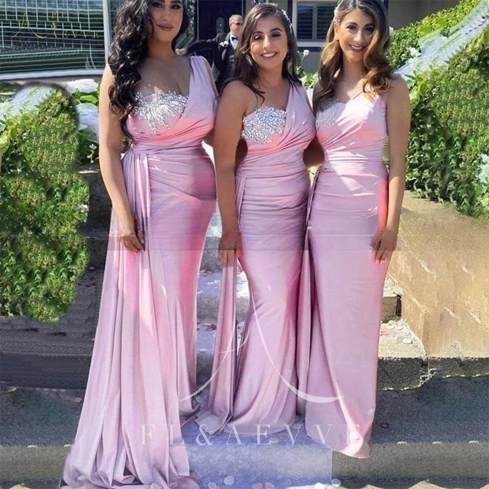 Top Trends: Pink Satin Bridesmaid Dresses One Shoulder Beaded Crystal Long Wedding Party Dress Mermaid Elegant Gowns Dresses For Bridesmaids Shoppable Styles