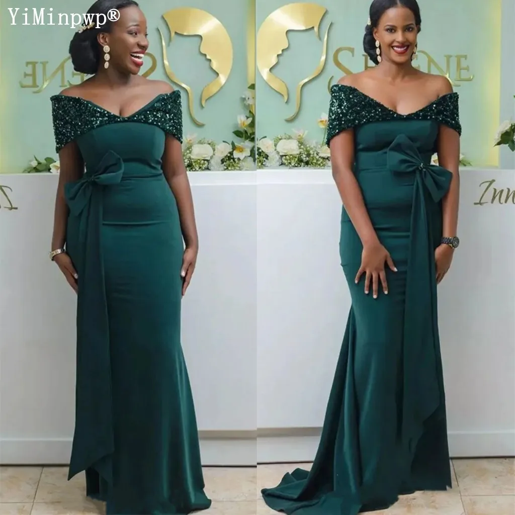 Top Trends: Dark Green Mermaid Bridesmaid Dresses Off Shoulder Bow Sequin Africa Wedding Guest Party Dress Robe Demoiselle D Honneur Femme Shoppable Styles