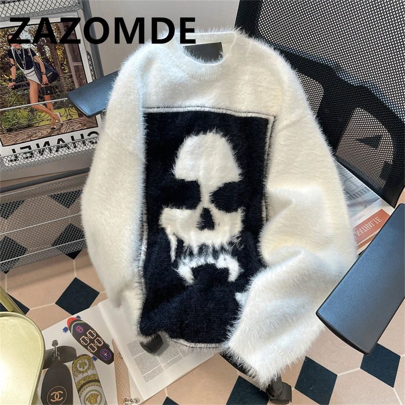 Top Trends: ZAZOMDE Winter Warm Sweaters Skull Head Patchwork Hip Hop Knitwear Sweaters For Men Y2k Pullovers O Neck Woolen Jumper Clohtes Shoppable Styles