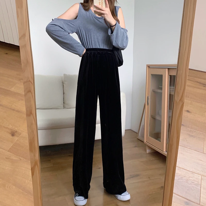 Top Trends: 2023 Autumn Straight Velour Women Pants High Waist Casual Wide Legs Pants Black Purple Loose Female Fashion Student Trousers New Shoppable Styles - Image 5