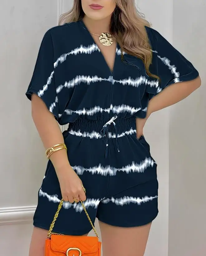 Top Trends: Jumpsuit Women 2023 Summer Fashion Tie Dye Print Batwing Sleeve Shirred Casual V-Neck Short Sleeve Daily Romper Y2K Streetwear Shoppable Styles