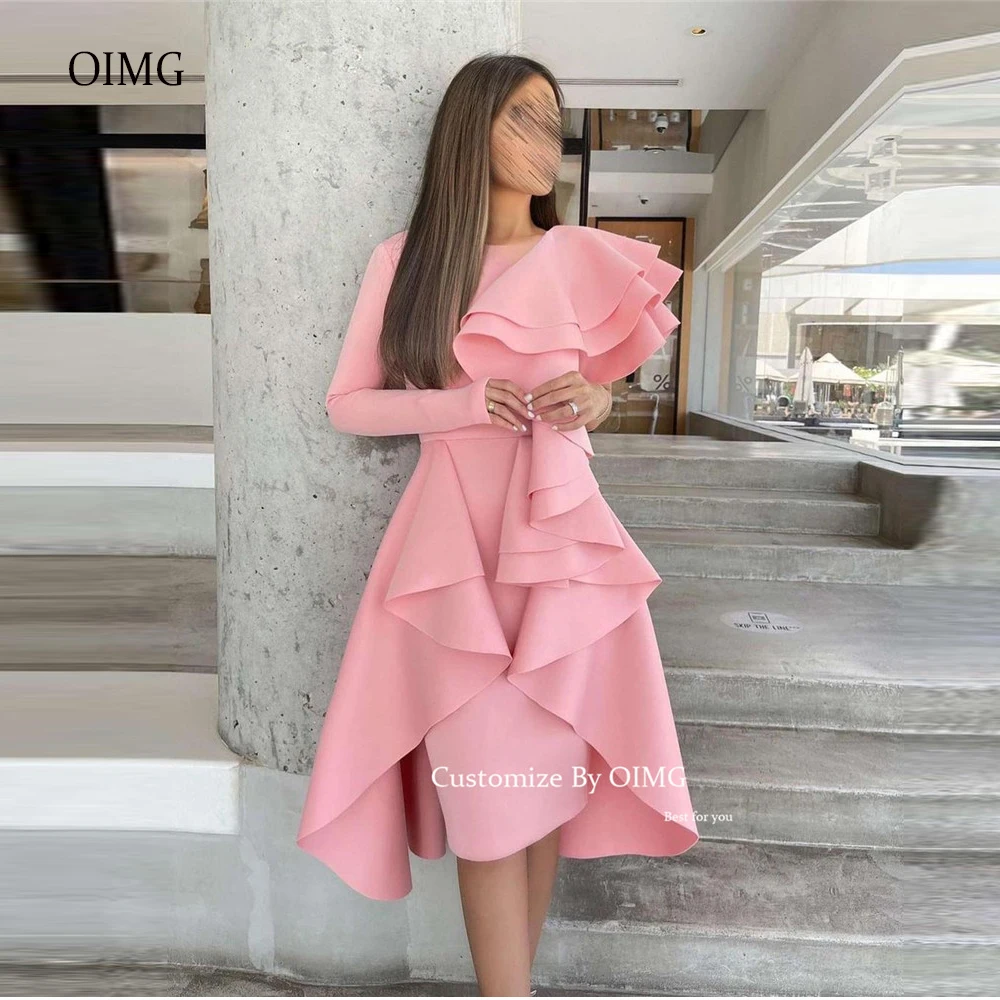 Top Trends: OIMG Vintage Blush Pink Matte Satin Prom Party Dresses O-Neck Long Sleeves Modest Ruffles Knee Length Girls Evening Formal Gown Shoppable Styles