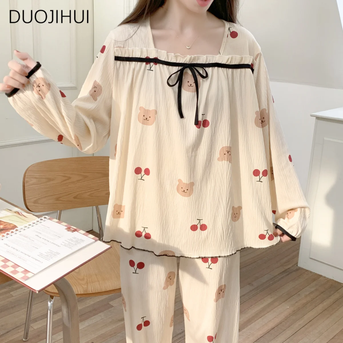 Top Trends: DUOJIHUI Spring Sweet Two Piece Casual Home Pajamas For Women Chic Printing Simple Bow Pullover Fashion Pant Female Pajamas Sets Shoppable Styles