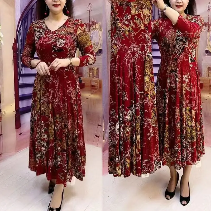 Top Trends: Casual Fashion Floral Printed Long Dress Female Clothing Elegant V-Neck Spring Autumn A-Line Waist Vintage Long Sleeve Dresses Shoppable Styles