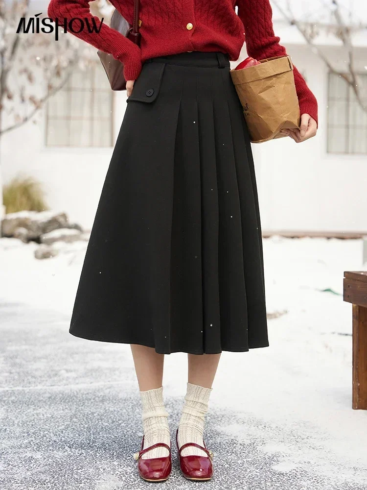 Top Trends: MISHOW Winter Woolen Pleated Skirt For Women 2023 Elegant Fashion High Waist A-line Midi Black Skirts Office Ladies MXC56B0237 Shoppable Styles