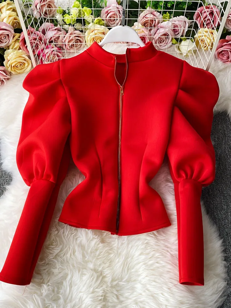 Top Trends: 2023 Temperament Stand-up Collar Shirt Women New Sping Autumn Winter Slim Long-sleeved Puff Sleeve Top GX1462 Shoppable Styles - Image 3