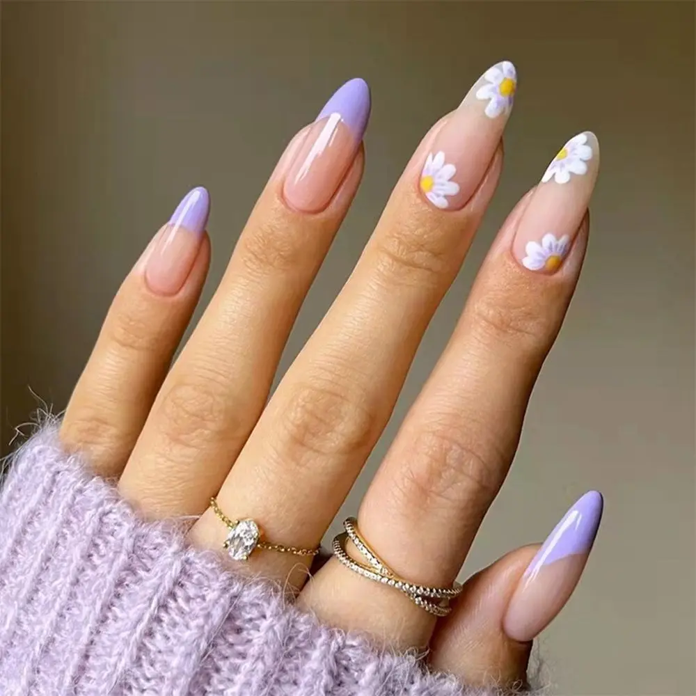 Top Trends: 24pcs / Box Fresh Floral Almond False Nails Press On Nails Detachable Fake Nail Tip Purple With Design Manicure Patches Shoppable Styles