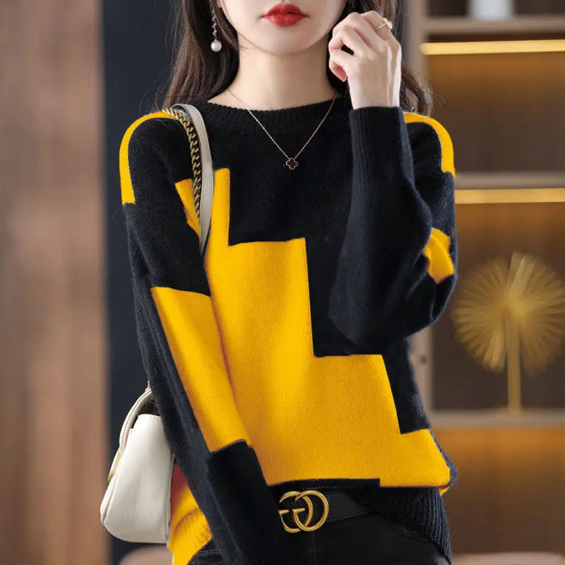 Top Trends: Fashion O-Neck Spliced Knitted Color Sweater Female Clothing 2022 Autumn New Loose Casual Pullovers All-match Korean Tops Shoppable Styles