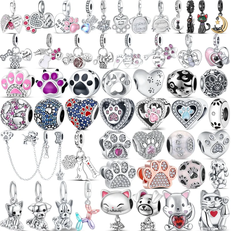 Top Trends: 925 Sterling Silver Pet Cat Dog Animal Paw Print Lovely Love Friends Fine Beads Fit Original Pandora Charms Bracelet DIY Jewelry Shoppable Styles