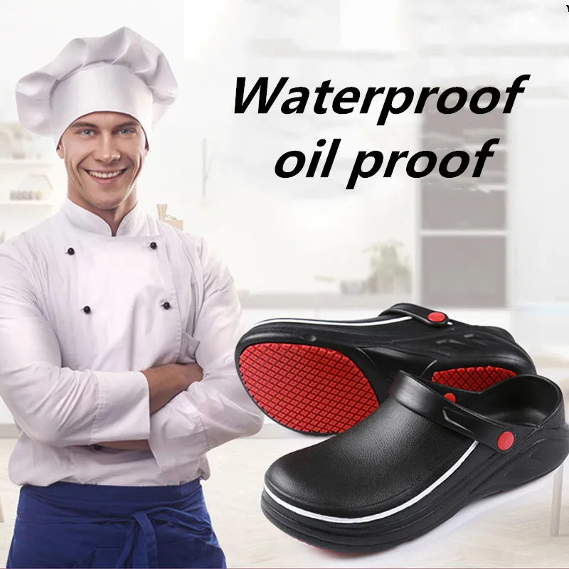 Top Trends: Men's Slippers Non-slip Waterproof Oil Proof Slippers Women Kitchen Work Cook Shoes Chef Hotel Big Size 36-47 Shoppable Styles