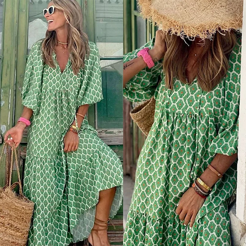 Top Trends: Summer Puff Sleeve Long Dress Women Geometric Print Half Sleeve Dress Boho V-Neck Loose Holiday Beach Dress Vestidos Shoppable Styles