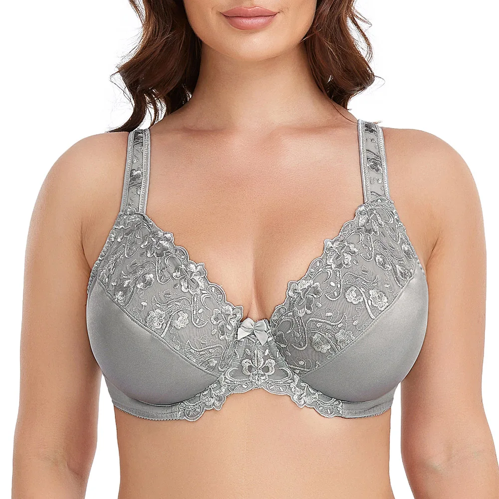 Top Trends: Embroidery Bras Underwear Women Plus Size Sexy Thin Bra Lace Bra Black Gray Underwired 36 38 40 42 44 46 48 50 52 54 F G H I Cup Shoppable Styles