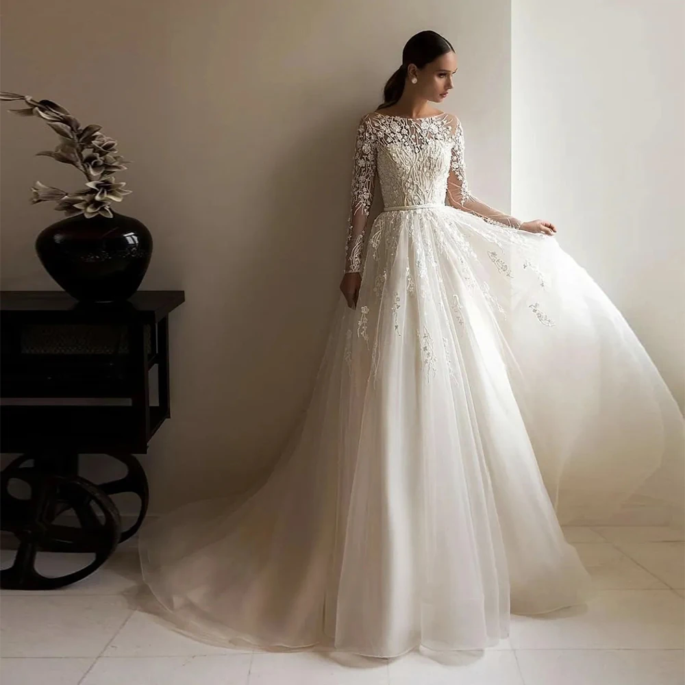 Top Trends: Gorgeous Sexy Round Neck Long Sleeves Fluffy Mopping Wedding Dresses Luxury Beautiful Ball Gowns Robe Appliques Lace Bride 2023 Shoppable Styles