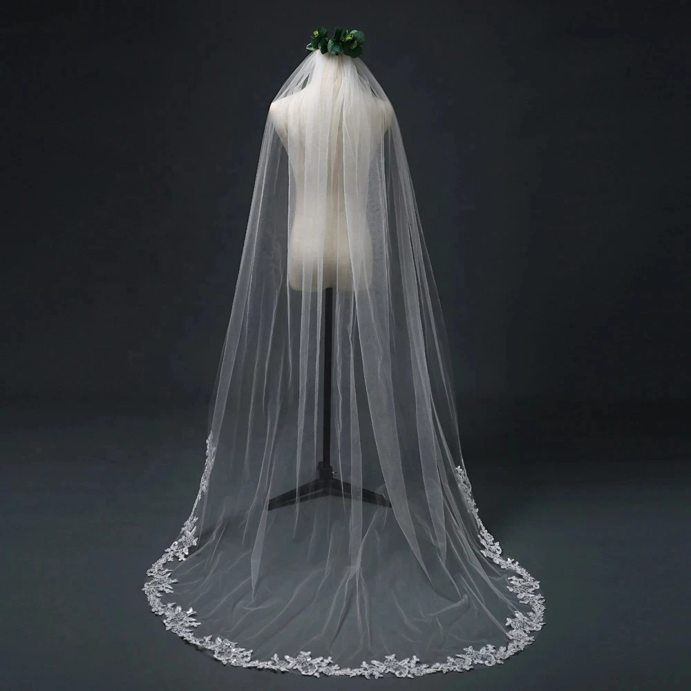 Top Trends: 3 Meter Cathedral Wedding Veils Long Sequins Lace Edge Bridal Veil With Comb Wedding Accessories Bride Mantilla Vail Shoppable Styles