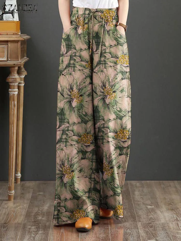 Top Trends: ZANZEA Bohemian Floral Printed Pants Autumn Fashion Wide Leg Pant Woman Casual Cotton Long Trousers Vintage Elastic Palazzo 2023 Shoppable Styles