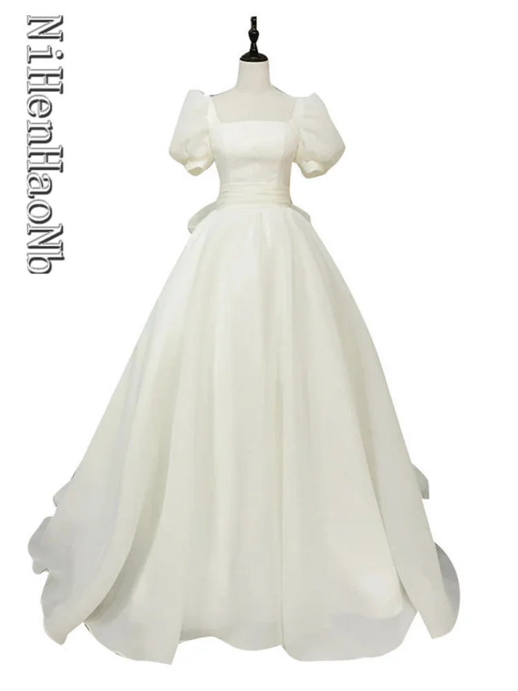 Top Trends: Korea Style Square Neck A-Line Puffy Sleeves Lace-Up Wedding Dress Gown Bridal Dress Shoppable Styles