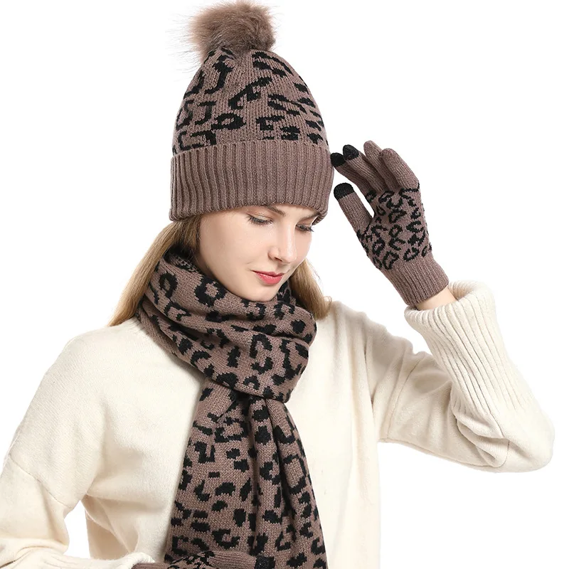 Top Trends: Women's Winter Keep Warm Set Fleece Lining Beanie Telefingers Gloves Thicken Scarf Knitted Muffler Hat Leopard Neckerchief Shoppable Styles - Image 3